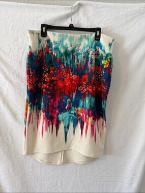 Bisou Bisou Cream High-Low Skirt with Teal, Navy, Red & Pink Floral Splash